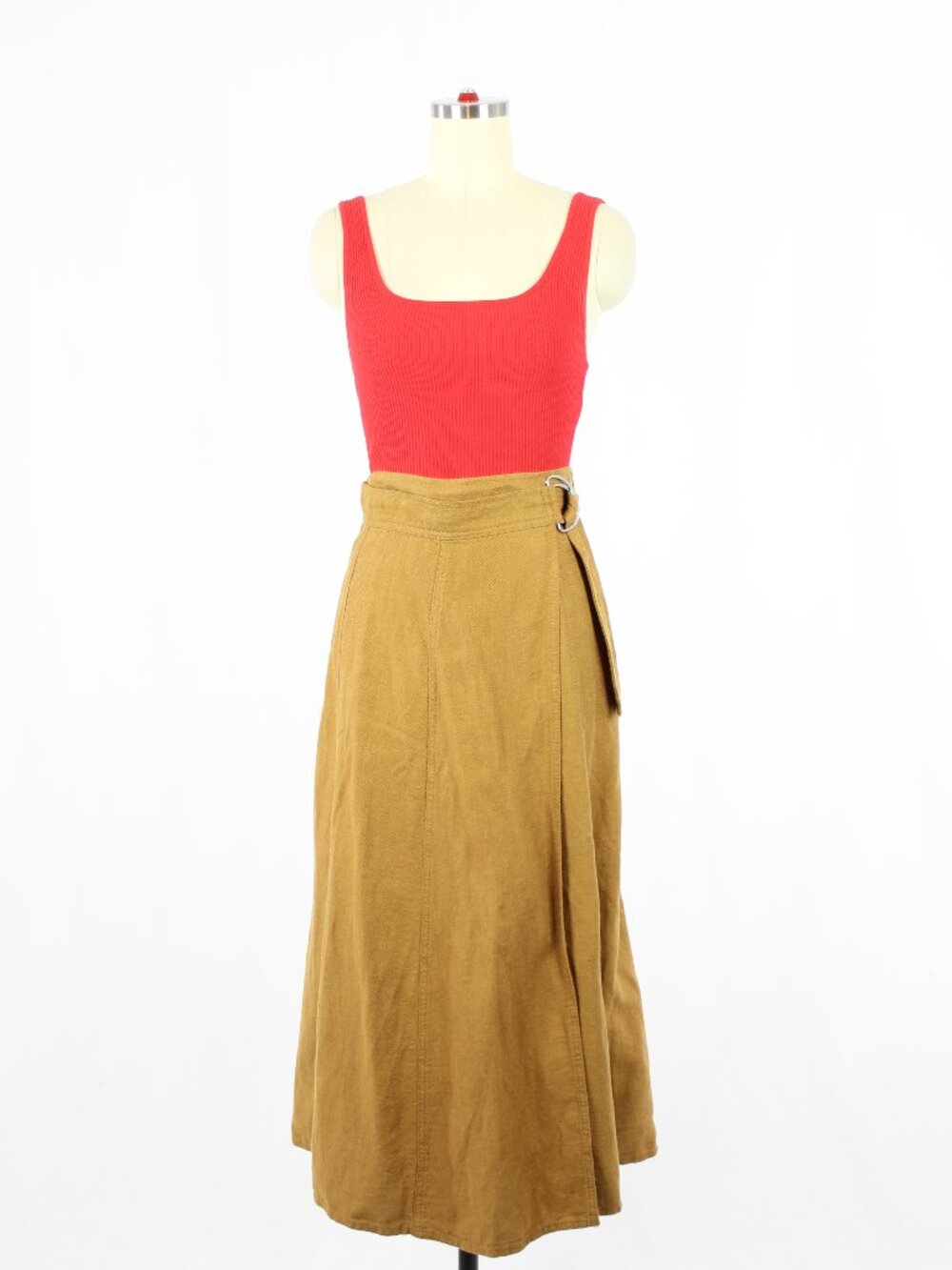 NWT ZARA Brown Linen Cotton Blend Twill Belted A-Line Wrap Midi Skirt, Size XS